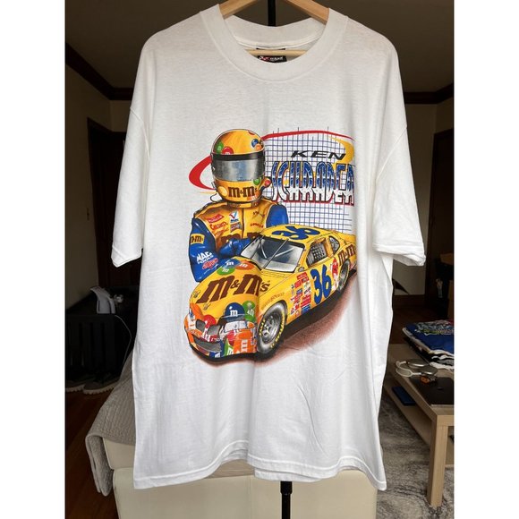 VINTAGE NASCAR M&M CARTOON KEN SCHRADER WHITE T SHIRT SIZE LARGE 90S Y2K HYPE - Picture 2 of 8